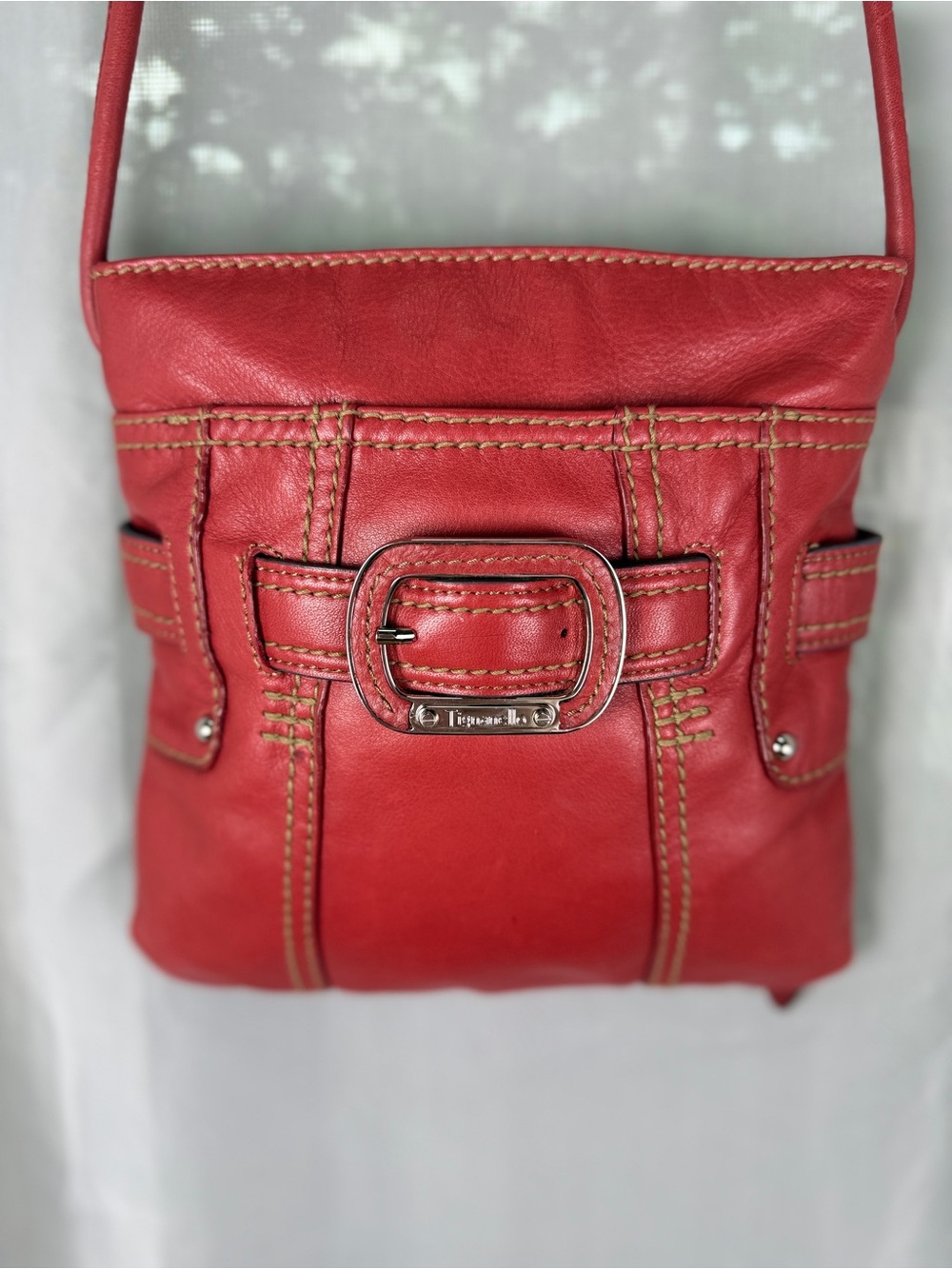 Tignanello Red Leather Crossbody Bag with Buckle Detail EUC
